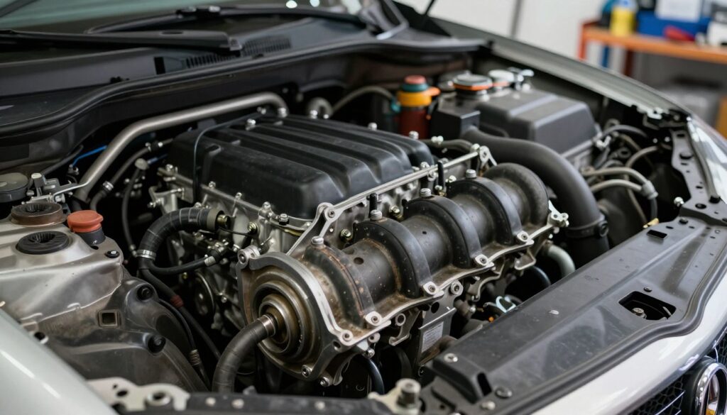 A detailed automotive scene showcasing a broken engine mount in a car engine bay. In the foreground, focus on the detached engine mount with visible wear and tear, highlighting the rubber components and metal brackets. The mount is positioned slightly tilted, indicating its dislodged state. In the middle ground, capture the engine itself, with various pipes and wires, conveying the complexity of automotive engineering. In the background, subtle elements of a garage setting, such as tools and parts on shelves, add context without distracting from the main subject. Utilize soft, diffused lighting to create a professional atmosphere, emphasizing the textures of the engine components. The angle is slightly above the engine bay, enhancing the depth and detail of the scene, while ensuring a clear, informative view of the broken part.