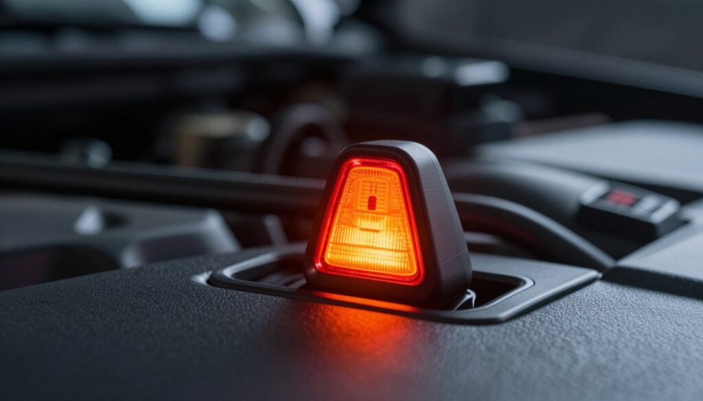 A detailed close-up of a car's engine warning light illuminated on the dashboard. The warning light glows in vibrant colors, primarily orange and red, signaling different levels of concern. The foreground focuses on the warning light, with a soft halo effect around it, showcasing its brightness and clarity. The middle ground features the dashboard of a modern vehicle, with high-resolution textures and reflections on the surface. In the background, slightly blurred, the interior of the car can be seen, including the steering wheel and controls, creating a cohesive automotive ambiance. Use dramatic lighting to highlight the warning light, enhancing its urgency and significance, while maintaining a professional, informative atmosphere.