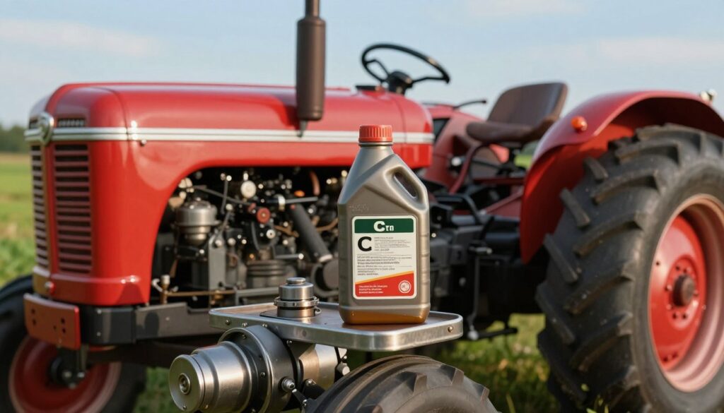 A detailed close-up of a vintage Ursus C-330 tractor parked in a rustic farm setting, showcasing its engine compartment with a focus on a bottle of engine oil labeled specifically for the C-330 model. The foreground features intricate metal parts of the engine, glistening under soft sunlight, highlighting the oil's viscosity and color. In the middle, the tractor is well-maintained with its iconic red color and traditional design. In the background, a blurred expanse of green fields and a clear blue sky create a serene atmosphere, hinting at the tractor's agricultural use. The lighting is warm and inviting, suggesting a peaceful day on the farm, captured from a slightly low angle to emphasize the tractor's robust design and engineering details. A detailed close-up of a vintage Ursus C-330 tractor parked in a rustic farm setting, showcasing its engine compartment with a focus on a bottle of engine oil labeled specifically for the C-330 model. The foreground features intricate metal parts of the engine, glistening under soft sunlight, highlighting the oil's viscosity and color. In the middle, the tractor is well-maintained with its iconic red color and traditional design. In the background, a blurred expanse of green fields and a clear blue sky create a serene atmosphere, hinting at the tractor's agricultural use. The lighting is warm and inviting, suggesting a peaceful day on the farm, captured from a slightly low angle to emphasize the tractor's robust design and engineering details.