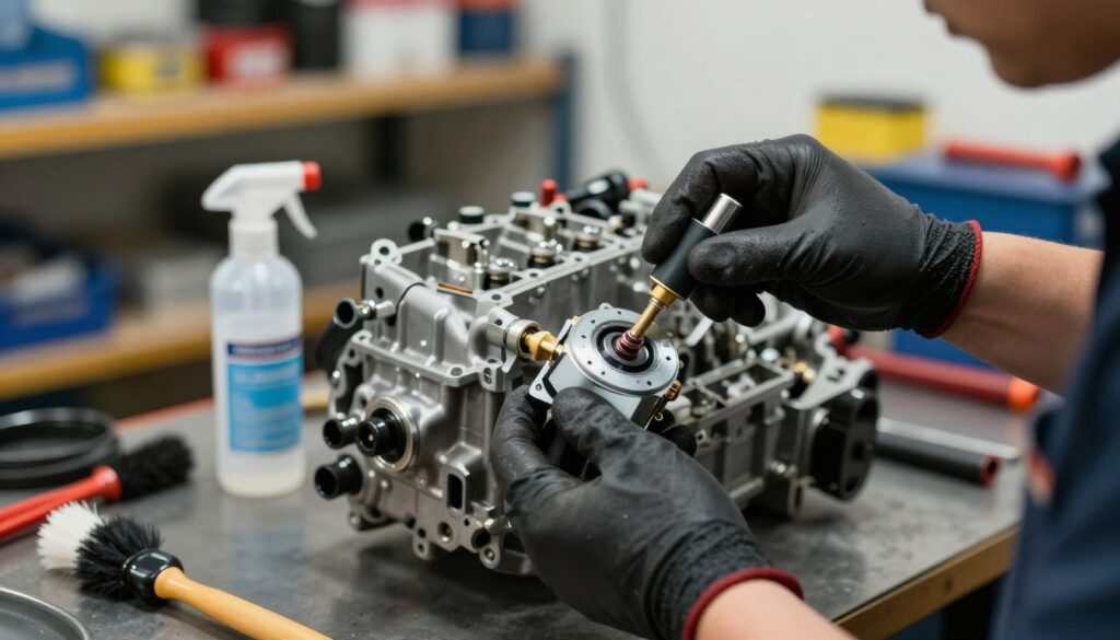 A detailed close-up of an automotive mechanic cleaning a stepper motor and throttle body. In the foreground, focus on the mechanic’s hands with gloves gently holding the stepper motor, showcasing its intricate parts and connectors. The middle ground features the throttle body, partially disassembled, with cleaning tools like brushes and sprays scattered around it. The background includes a well-lit garage workshop, with shelves of tools and automotive parts in soft focus, conveying a professional atmosphere. Use natural lighting to highlight the metallic surfaces, creating reflections that enhance the technical feel. The mood is one of focused diligence, emphasizing the importance of maintenance in ensuring engine performance. A detailed close-up of an automotive mechanic cleaning a stepper motor and throttle body. In the foreground, focus on the mechanic’s hands with gloves gently holding the stepper motor, showcasing its intricate parts and connectors. The middle ground features the throttle body, partially disassembled, with cleaning tools like brushes and sprays scattered around it. The background includes a well-lit garage workshop, with shelves of tools and automotive parts in soft focus, conveying a professional atmosphere. Use natural lighting to highlight the metallic surfaces, creating reflections that enhance the technical feel. The mood is one of focused diligence, emphasizing the importance of maintenance in ensuring engine performance.
