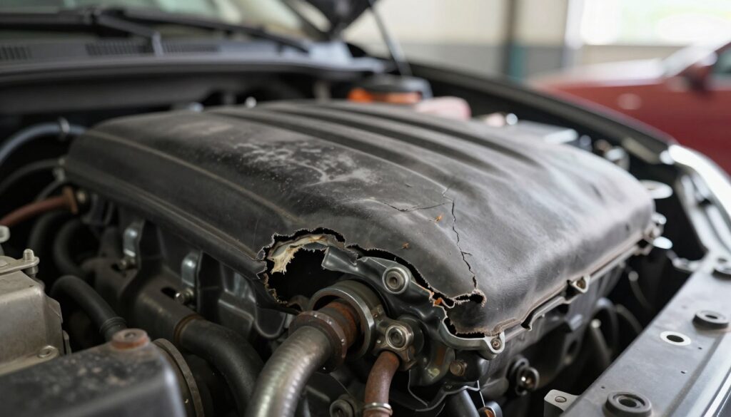 A detailed close-up shot of a damaged engine mount in a vehicle, emphasizing the cracked rubber and dislocated metal parts, showcasing the severity of the damage. In the foreground, focus on the frayed edges of the rubber cushion, with metallic components slightly rusted, illuminated by soft, natural lighting to highlight the texture and wear. The middle ground features a blurred view of the car engine, revealing other components affected by the engine mount's failure. In the background, a dimly lit garage setting adds to the sense of urgency and potential danger of driving with a compromised engine mount. The overall atmosphere is one of seriousness and caution, reflecting the consequences of neglecting engine mount issues while driving.