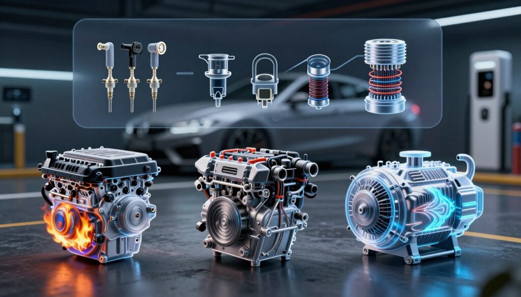 A detailed comparison image showcasing the differences between a gasoline engine, a diesel engine, and an electric motor. In the foreground, three transparent engine diagrams are highlighted: the gasoline engine with flames to symbolize combustion, the diesel engine with a rugged appearance and diesel fuel details, and the sleek electric motor with flowing energy symbols. In the middle, an annotated section showing key components like fuel injectors, pistons, and electric coils. The background should feature a dynamic automotive environment, with hints of roads and electric charging stations. Use dramatic, cool lighting to emphasize the engines, and a slight depth of field to create focus on the engineering details. The atmosphere should be educational and innovative.