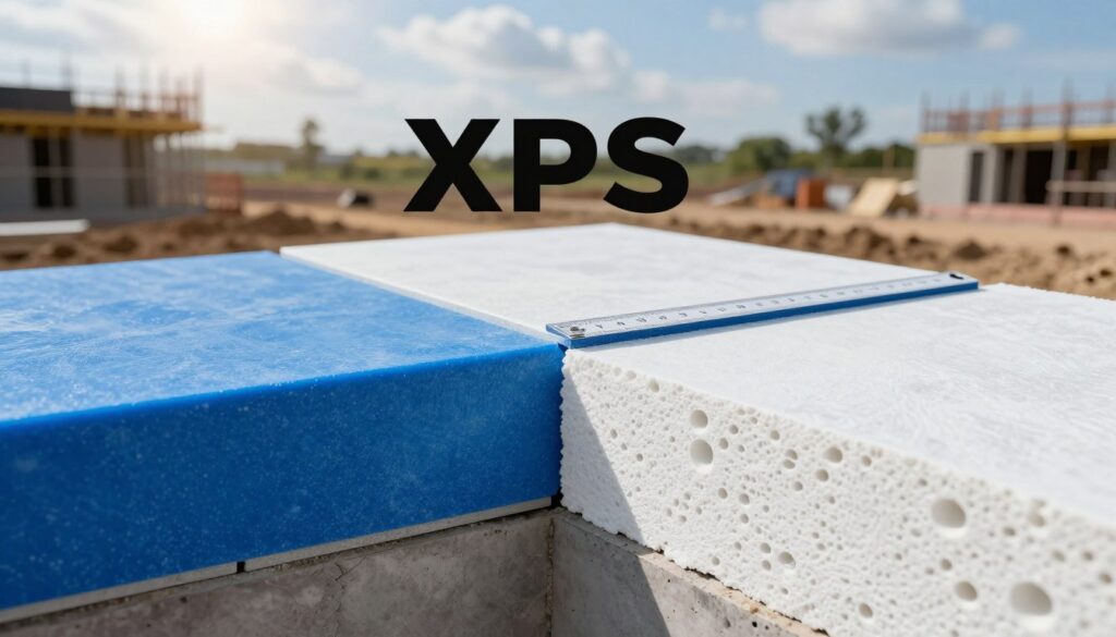 A detailed comparison of XPS and EPS insulation for foundations, showcasing two distinct sections: one for XPS and one for EPS. In the foreground, present a cross-section of a foundation wall displaying both insulation materials; the XPS in a vibrant blue, characterized by its smooth, rigid texture, while the EPS is shown in white with a more porous appearance. In the middle layer, include a ruler or measuring tape to emphasize size contrasts. The background should depict a construction site, slightly blurred for depth. Utilize soft, natural sunlight filtering through clouds to create a clear and inviting atmosphere, suggesting professionalism and reliability in material selection. Angle the view slightly from above for an informative perspective, ensuring no text or overlays interfere with the image. A detailed comparison of XPS and EPS insulation for foundations, showcasing two distinct sections: one for XPS and one for EPS. In the foreground, present a cross-section of a foundation wall displaying both insulation materials; the XPS in a vibrant blue, characterized by its smooth, rigid texture, while the EPS is shown in white with a more porous appearance. In the middle layer, include a ruler or measuring tape to emphasize size contrasts. The background should depict a construction site, slightly blurred for depth. Utilize soft, natural sunlight filtering through clouds to create a clear and inviting atmosphere, suggesting professionalism and reliability in material selection. Angle the view slightly from above for an informative perspective, ensuring no text or overlays interfere with the image.