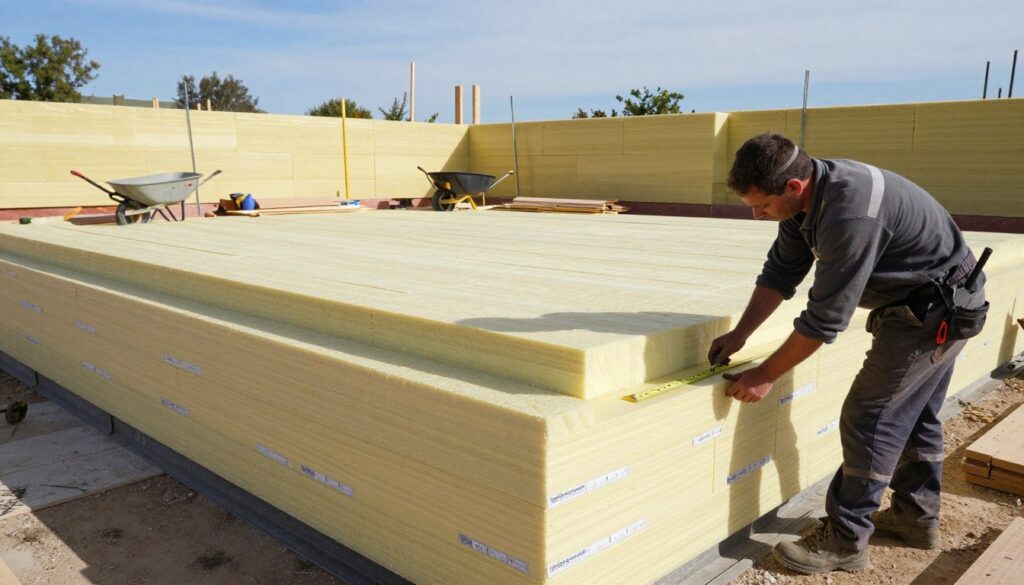 A detailed construction scene showcasing a foundation being insulated with stylized rigid foam board (styrodur) at varied thicknesses for effective thermal insulation. In the foreground, a construction worker in professional attire carefully measures and installs the foam board, demonstrating proper techniques. The middle ground features multiple layers of styrodur with labels indicating thickness measurements, emphasizing depth and insulation quality. The background consists of a partially built foundation, surrounded by tools, a wheelbarrow, and raw materials, with a clear blue sky casting natural light across the scene. The atmosphere conveys diligence and professionalism in construction, invoking a sense of technical expertise and attention to detail. A detailed construction scene showcasing a foundation being insulated with stylized rigid foam board (styrodur) at varied thicknesses for effective thermal insulation. In the foreground, a construction worker in professional attire carefully measures and installs the foam board, demonstrating proper techniques. The middle ground features multiple layers of styrodur with labels indicating thickness measurements, emphasizing depth and insulation quality. The background consists of a partially built foundation, surrounded by tools, a wheelbarrow, and raw materials, with a clear blue sky casting natural light across the scene. The atmosphere conveys diligence and professionalism in construction, invoking a sense of technical expertise and attention to detail.