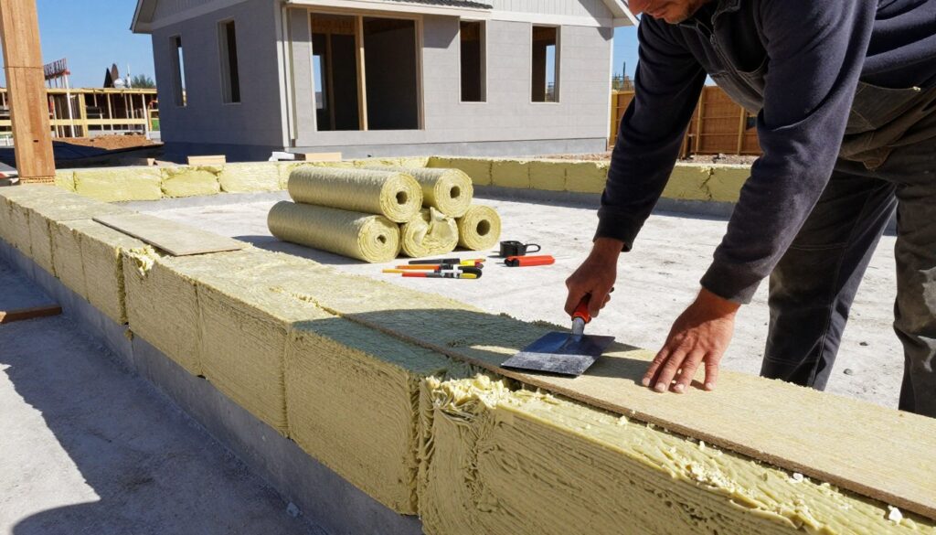 A detailed construction scene showcasing the process of foundation insulation and thermal protection. In the foreground, a skilled worker in professional attire is carefully applying insulation material to a newly constructed foundation wall, using a trowel, with pieces of insulation boards scattered around. In the middle ground, several rolls of insulation material are stacked, and tools are neatly arranged near the work area. The background features a partially built house with exposed foundation, under a clear blue sky, emphasizing the construction theme. Bright, natural lighting casts clear shadows, enhancing textures of the materials. The mood is industrious and professional, capturing the essence of quality foundation insulation and warmth. A detailed construction scene showcasing the process of foundation insulation and thermal protection. In the foreground, a skilled worker in professional attire is carefully applying insulation material to a newly constructed foundation wall, using a trowel, with pieces of insulation boards scattered around. In the middle ground, several rolls of insulation material are stacked, and tools are neatly arranged near the work area. The background features a partially built house with exposed foundation, under a clear blue sky, emphasizing the construction theme. Bright, natural lighting casts clear shadows, enhancing textures of the materials. The mood is industrious and professional, capturing the essence of quality foundation insulation and warmth.