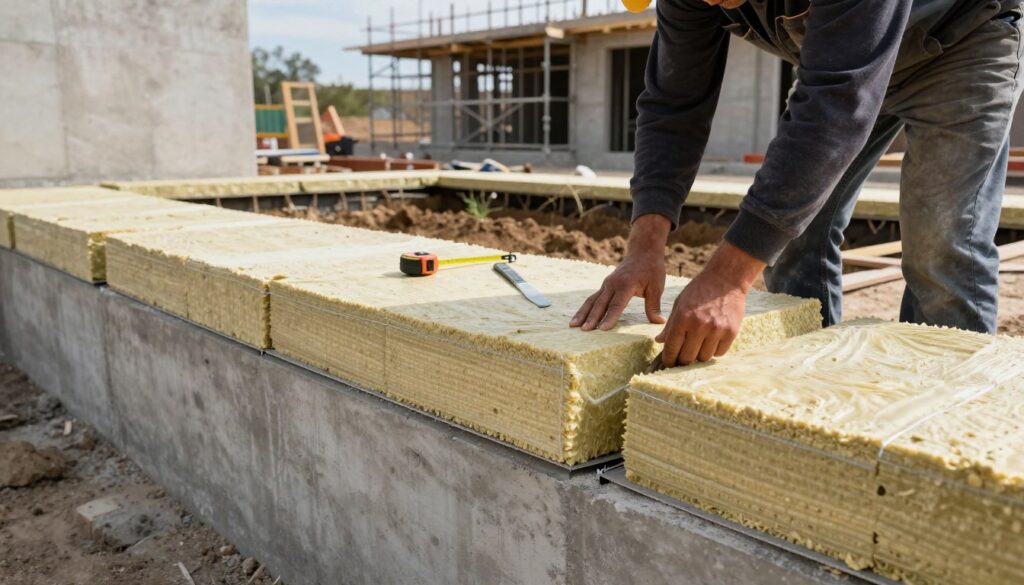 A detailed construction scene showcasing thermal insulation being applied to a building foundation. In the foreground, a construction worker in professional attire is carefully arranging thick, rigid insulation panels against a concrete foundation, ensuring a tight seal. In the middle ground, partially excavated soil shows the depth at which insulation is installed, surrounded by tools like a measuring tape and a utility knife. The background features a partially built structure with scaffolding under a clear blue sky. Soft, natural lighting accentuates the textures of the insulation material and the rough concrete, creating an informative and industrious atmosphere. The angle is slightly elevated, providing a comprehensive view of the insulation process while maintaining focus on the worker's meticulous actions. The overall mood conveys professionalism and a commitment to energy efficiency. A detailed construction scene showcasing thermal insulation being applied to a building foundation. In the foreground, a construction worker in professional attire is carefully arranging thick, rigid insulation panels against a concrete foundation, ensuring a tight seal. In the middle ground, partially excavated soil shows the depth at which insulation is installed, surrounded by tools like a measuring tape and a utility knife. The background features a partially built structure with scaffolding under a clear blue sky. Soft, natural lighting accentuates the textures of the insulation material and the rough concrete, creating an informative and industrious atmosphere. The angle is slightly elevated, providing a comprehensive view of the insulation process while maintaining focus on the worker's meticulous actions. The overall mood conveys professionalism and a commitment to energy efficiency.