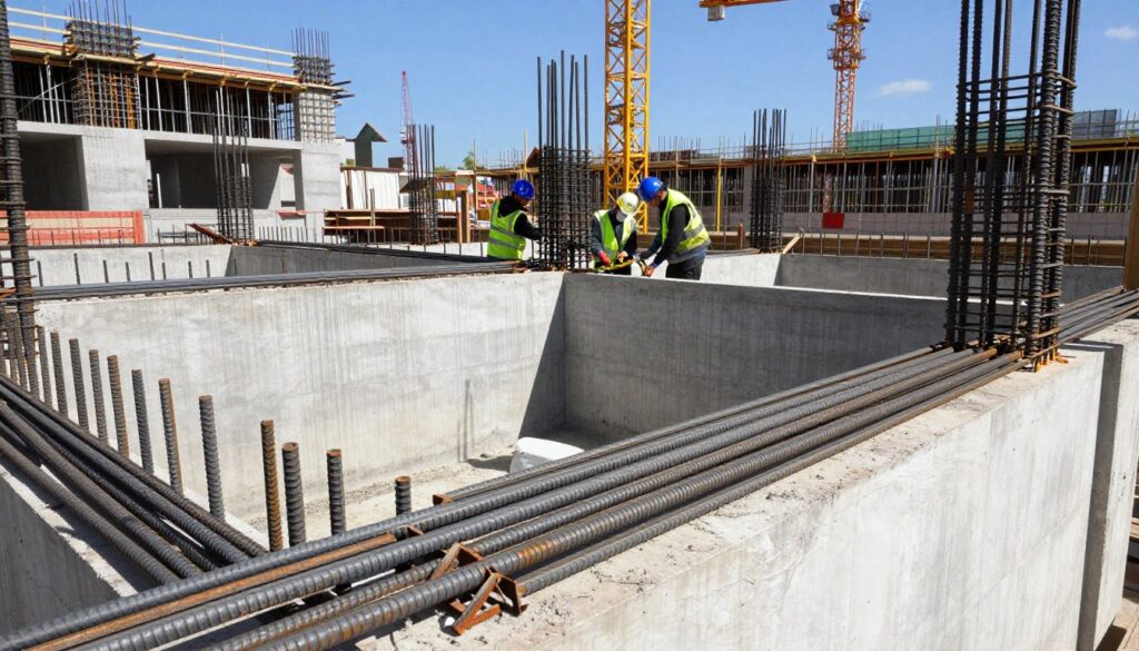 A detailed construction site showcasing reinforced concrete foundations, prominently featuring various steel reinforcements embedded within the walls. In the foreground, a close-up view reveals bars of steel with a textured finish, demonstrating different thicknesses. The middle layer captures workers in professional safety gear, analyzing the rebar layout with measuring tools, ensuring precision. The background depicts partially constructed buildings, with cranes and scaffolding against a bright blue sky. The lighting is bright and natural, creating a sense of industriousness and optimism. The angle is slightly elevated to encompass the scale of the foundation work while emphasizing the importance of steel reinforcement in construction. The overall mood conveys efficiency and professionalism in the building process.