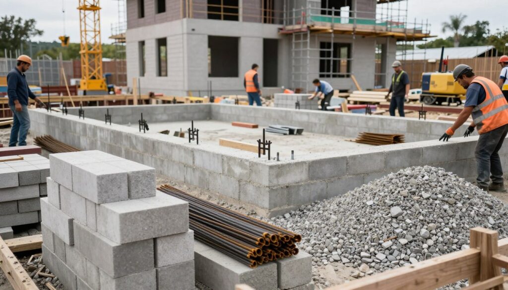 A detailed construction site showcasing the cost breakdown of foundation building for a house. In the foreground, focus on different materials such as concrete blocks, rebar, and gravel being organized by workers in professional attire. The middle ground features partially constructed foundation walls, highlighting various components like anchoring systems and insulation. The background reveals a partially completed house structure, with scaffolding and construction equipment like cranes and mixers. Soft, natural daylight enhances the mood of industriousness and determination. A slightly low-angle view emphasizes the scale of the foundations being built, creating a sense of depth. Overall, the atmosphere conveys a serious and focused approach to construction, making it clear that these elements contribute significantly to the overall foundation costs. A detailed construction site showcasing the cost breakdown of foundation building for a house. In the foreground, focus on different materials such as concrete blocks, rebar, and gravel being organized by workers in professional attire. The middle ground features partially constructed foundation walls, highlighting various components like anchoring systems and insulation. The background reveals a partially completed house structure, with scaffolding and construction equipment like cranes and mixers. Soft, natural daylight enhances the mood of industriousness and determination. A slightly low-angle view emphasizes the scale of the foundations being built, creating a sense of depth. Overall, the atmosphere conveys a serious and focused approach to construction, making it clear that these elements contribute significantly to the overall foundation costs.