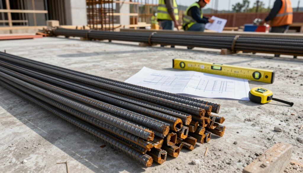 A detailed construction site with a focus on a reinforced concrete foundation slab under preparation. In the foreground, a pile of steel rebar, precisely organized into bundles, showcasing its intricate pattern and texture. The middle ground features blueprints and measurements for calculating the amount of rebar needed, along with construction tools like a level and tape measure, emphasizing the planning stage. The background captures a partially constructed building with workers in professional attire, collaborating over plans. The scene is illuminated by natural daylight, casting soft shadows that enhance the textures of the steel and concrete. The atmosphere conveys a sense of precision and urgency, ideal for emphasizing the importance of estimating materials for foundation work.
