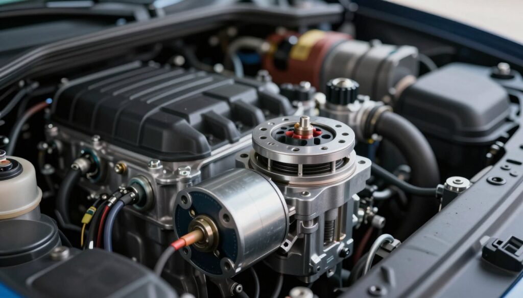 A detailed cross-sectional view of a stepper motor located near a throttle body in a modern vehicle engine compartment. In the foreground, focus on the stepper motor with clear identification of its electrical connections and housing design. The middle ground showcases the throttle body and surrounding engine components, highlighted with subtle metallic textures. In the background, slightly blurred, illustrate the overall engine compartment with various mechanical elements, ensuring a sense of depth. Use soft, diffused lighting to highlight the intricacies of the components, and a wide-angle perspective to capture the spatial arrangement. The atmosphere should feel technical yet accessible, suitable for a mechanical engineering context. Ensure no text or overlays are present in the image. A detailed cross-sectional view of a stepper motor located near a throttle body in a modern vehicle engine compartment. In the foreground, focus on the stepper motor with clear identification of its electrical connections and housing design. The middle ground showcases the throttle body and surrounding engine components, highlighted with subtle metallic textures. In the background, slightly blurred, illustrate the overall engine compartment with various mechanical elements, ensuring a sense of depth. Use soft, diffused lighting to highlight the intricacies of the components, and a wide-angle perspective to capture the spatial arrangement. The atmosphere should feel technical yet accessible, suitable for a mechanical engineering context. Ensure no text or overlays are present in the image.