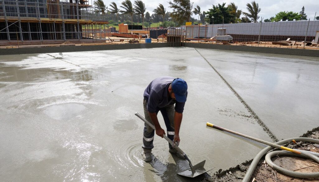 A detailed depiction of fresh concrete maintenance in various weather conditions. In the foreground, a construction worker in professional attire is applying water to freshly laid concrete to keep it moist, surrounded by tools like a trowel and a water hose. In the middle ground, there are three separate sections of concrete being cared for: one under bright sunlight, another with light rain, and a third during a cool, overcast day. The background features a construction site with scaffolding and trees swaying gently in the wind. The image should capture the atmosphere of diligence and precision in concrete care, with natural lighting illuminating the textures and colors of the concrete and surroundings, showcasing the importance of proper curing techniques.