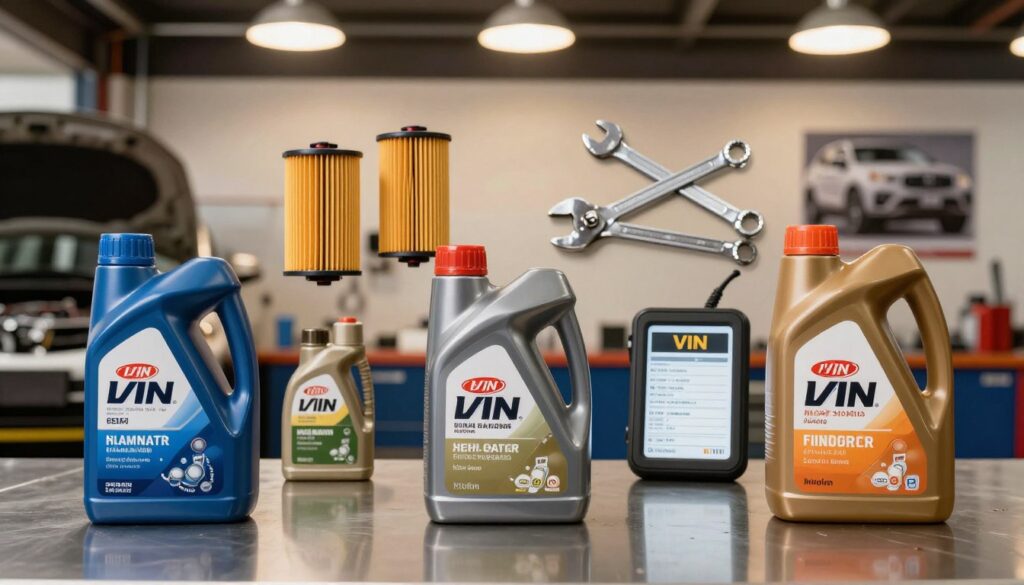 A detailed flat lay composition showcasing various types of motor oil bottles labeled with their manufacturer specifications and standards. The foreground features three distinct bottles, each with unique colors and branding, placed on a smooth, reflective workbench surface. In the middle section, arranged oil filters, wrenches, and a VIN lookup tool, illustrating the process of selecting oil for a specific vehicle. The background includes blurred images of a garage setting with soft, warm lighting emanating from overhead fixtures, creating a safe and professional atmosphere. The angle is slightly overhead, capturing all elements harmoniously. The image exudes a sense of precision and expertise, inviting readers into the world of automotive maintenance.