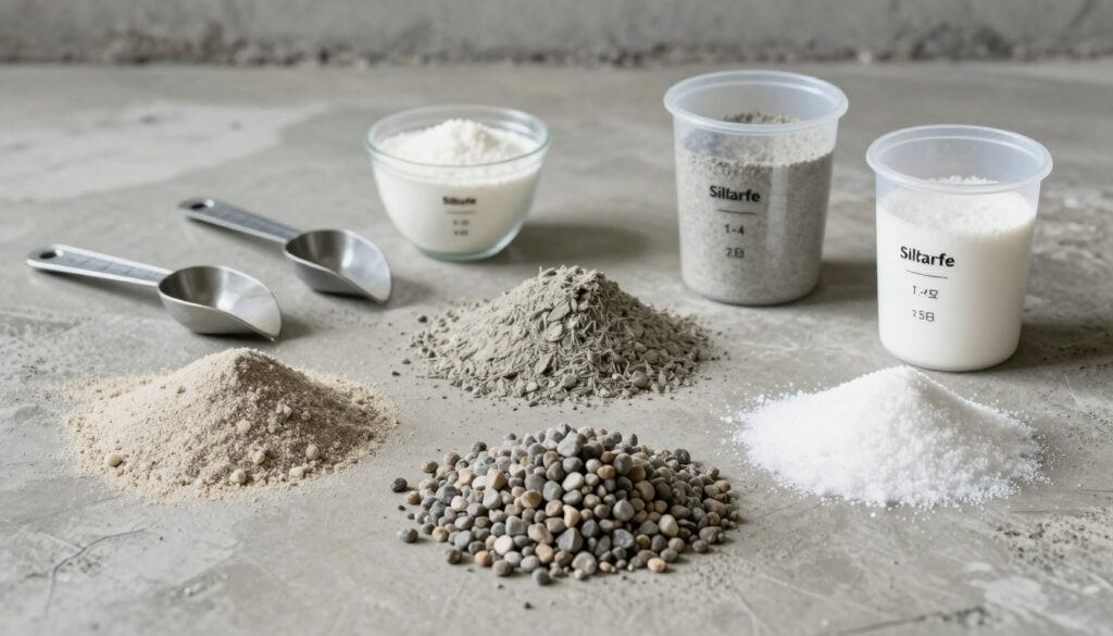 A detailed flat lay image of waterproof concrete ingredients and their proportions, arranged artistically. In the foreground, visually distinct piles of raw materials: fine sand, coarse gravel, cement, and waterproofing additives like silica fume and acrylic polymer. The middle ground features measuring tools, such as scoops and containers, elegantly displaying precise proportions of each ingredient. In the background, a subtle texture of a concrete surface, slightly blurred to emphasize the ingredients. Soft natural lighting casts gentle shadows, creating depth and highlighting the materials’ textures. The overall mood is professional and informative, perfect for an educational context, with attention to detail in the arrangement to inspire curiosity about the mixture process. A detailed flat lay image of waterproof concrete ingredients and their proportions, arranged artistically. In the foreground, visually distinct piles of raw materials: fine sand, coarse gravel, cement, and waterproofing additives like silica fume and acrylic polymer. The middle ground features measuring tools, such as scoops and containers, elegantly displaying precise proportions of each ingredient. In the background, a subtle texture of a concrete surface, slightly blurred to emphasize the ingredients. Soft natural lighting casts gentle shadows, creating depth and highlighting the materials’ textures. The overall mood is professional and informative, perfect for an educational context, with attention to detail in the arrangement to inspire curiosity about the mixture process.