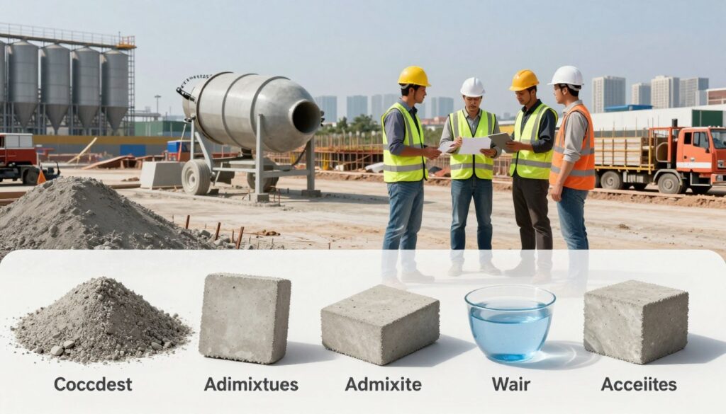 A detailed illustration depicting the factors affecting the price of concrete. In the foreground, showcase a close-up of various concrete samples, each labeled with different components like aggregates, admixtures, and water. In the middle ground, display a construction site with workers in professional attire discussing a concrete mixer and analyzing costs. The background should feature an industrial landscape with silos and a city skyline. The lighting should be bright and natural, simulating a clear day, casting soft shadows. Use a wide-angle lens to capture the scale of the construction area and give depth to the scene. The atmosphere should be professional and informative, focusing on the analysis and decision-making process related to concrete pricing. A detailed illustration depicting the factors affecting the price of concrete. In the foreground, showcase a close-up of various concrete samples, each labeled with different components like aggregates, admixtures, and water. In the middle ground, display a construction site with workers in professional attire discussing a concrete mixer and analyzing costs. The background should feature an industrial landscape with silos and a city skyline. The lighting should be bright and natural, simulating a clear day, casting soft shadows. Use a wide-angle lens to capture the scale of the construction area and give depth to the scene. The atmosphere should be professional and informative, focusing on the analysis and decision-making process related to concrete pricing.