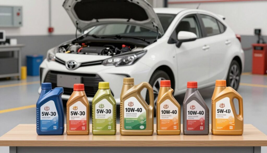 A detailed illustration depicting the viscosity class selection for engine oil, featuring a split image design. In the foreground, a neatly organized table showcases various engine oil bottles with clear labels indicating viscosity grades, such as 5W-30 and 10W-40. The middle layer includes a Toyota Aygo 1.0 parked on a clean garage floor, highlighting its engine compartment slightly open to reveal the engine. In the background, soft ambient lighting illuminates the garage, creating a professional atmosphere. The scene reflects a sense of precision and care, evoking an informative mood for vehicle maintenance enthusiasts. The angle captures the oil bottles and the car harmoniously, with a slight focus effect to emphasize important details. A detailed illustration depicting the viscosity class selection for engine oil, featuring a split image design. In the foreground, a neatly organized table showcases various engine oil bottles with clear labels indicating viscosity grades, such as 5W-30 and 10W-40. The middle layer includes a Toyota Aygo 1.0 parked on a clean garage floor, highlighting its engine compartment slightly open to reveal the engine. In the background, soft ambient lighting illuminates the garage, creating a professional atmosphere. The scene reflects a sense of precision and care, evoking an informative mood for vehicle maintenance enthusiasts. The angle captures the oil bottles and the car harmoniously, with a slight focus effect to emphasize important details.