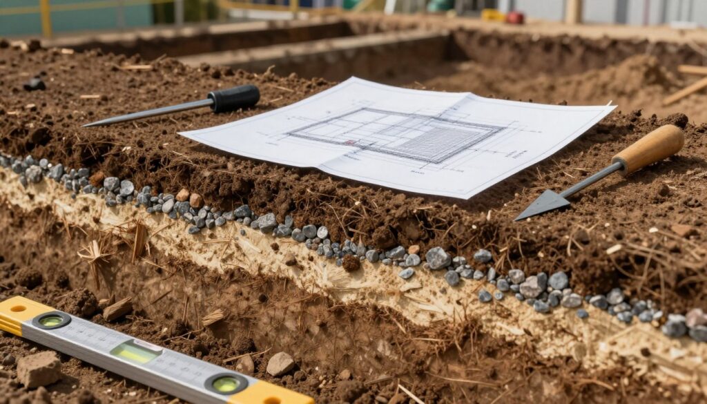 A detailed illustration of soil conditions for foundation insulation assessment, showcasing various layers of earth such as clay, sand, and gravel. In the foreground, a section of exposed soil revealing its textures, colors, and structure, with measuring tools like a soil probe and level. The middle ground features a blueprint or plan showing foundation insulation options with thickness measurements, placed atop the soil. In the background, a subtle construction site scene with foundation trenches and machinery. Soft, natural lighting highlights the earthy tones and textures, creating a professional and informative atmosphere. The angle captures depth, focusing on the interaction between soil and insulation. A detailed illustration of soil conditions for foundation insulation assessment, showcasing various layers of earth such as clay, sand, and gravel. In the foreground, a section of exposed soil revealing its textures, colors, and structure, with measuring tools like a soil probe and level. The middle ground features a blueprint or plan showing foundation insulation options with thickness measurements, placed atop the soil. In the background, a subtle construction site scene with foundation trenches and machinery. Soft, natural lighting highlights the earthy tones and textures, creating a professional and informative atmosphere. The angle captures depth, focusing on the interaction between soil and insulation.