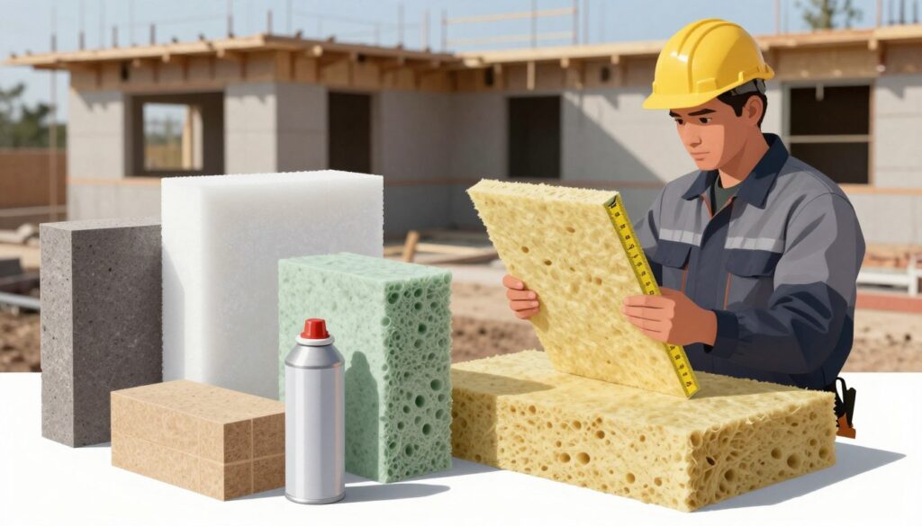 A detailed illustration showing the cost factors involved in insulating building foundations. In the foreground, display a variety of insulation materials, such as foam boards, mineral wool, and spray foam, arranged to highlight their textures and colors. In the middle ground, visually represent a construction worker in professional attire measuring and comparing these materials, with a focused expression that conveys expertise. In the background, depict a partially constructed building with foundations exposed, showcasing the installation process in action. The lighting is soft and natural, casting gentle shadows that enhance the details of the materials. The scene should evoke a sense of professionalism and technical knowledge in the context of energy efficiency and construction. A detailed illustration showing the cost factors involved in insulating building foundations. In the foreground, display a variety of insulation materials, such as foam boards, mineral wool, and spray foam, arranged to highlight their textures and colors. In the middle ground, visually represent a construction worker in professional attire measuring and comparing these materials, with a focused expression that conveys expertise. In the background, depict a partially constructed building with foundations exposed, showcasing the installation process in action. The lighting is soft and natural, casting gentle shadows that enhance the details of the materials. The scene should evoke a sense of professionalism and technical knowledge in the context of energy efficiency and construction.