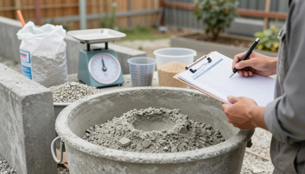 A detailed image depicting the selection of concrete mix for fence posts, showcasing a close-up view of a textured concrete mixture in a mixing container, with various measuring tools and materials scattered around. In the foreground, a professional engineer in modest casual clothing examines the mix, holding a clipboard with notes on proportions. The middle ground features a neatly organized selection of concrete ingredients, including cement, sand, and gravel, alongside measuring cups and a scale for precise ratio determination. The background includes blurred outlines of a well-maintained garden fence, symbolizing the end use of the concrete. Soft, natural lighting illuminates the scene, creating a focused yet relaxed atmosphere conducive to practical construction work, with an emphasis on clarity and professionalism.