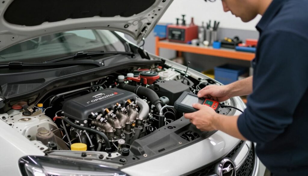 A detailed inspection of an Opel Insignia engine in a mechanic's workshop. In the foreground, a mechanic in smart casual clothing is examining the engine with a diagnostic tool, showcasing their concentration. The middle layer features the Opel Insignia’s engine, partially visible in the open hood of the car, with focus on components like the intake manifold and spark plugs, illuminated by bright workshop lighting. In the background, shelves filled with tools and equipment create an organized and professional atmosphere. Soft shadows play across the scene, enhancing the mood of diligence and scrutiny, while a slight depth of field blurs the background, drawing attention to the engine inspection. The overall lighting is bright and clear, ideal for thorough examination. A detailed inspection of an Opel Insignia engine in a mechanic's workshop. In the foreground, a mechanic in smart casual clothing is examining the engine with a diagnostic tool, showcasing their concentration. The middle layer features the Opel Insignia’s engine, partially visible in the open hood of the car, with focus on components like the intake manifold and spark plugs, illuminated by bright workshop lighting. In the background, shelves filled with tools and equipment create an organized and professional atmosphere. Soft shadows play across the scene, enhancing the mood of diligence and scrutiny, while a slight depth of field blurs the background, drawing attention to the engine inspection. The overall lighting is bright and clear, ideal for thorough examination.