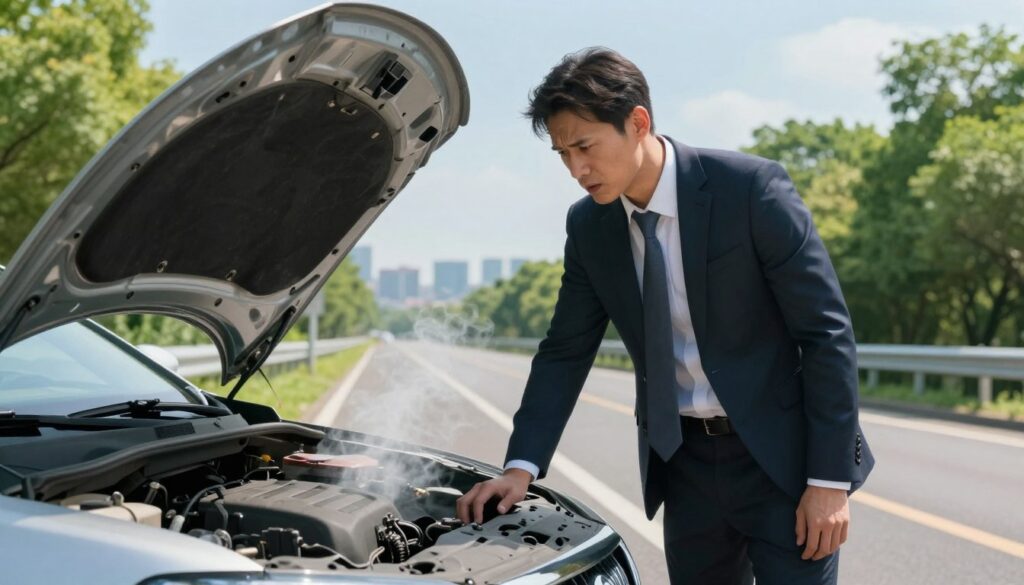 A detailed scene depicting a man in professional business attire, looking worried as he stands beside a stalled car on a roadside. The foreground features the engine hood open, with visible signs of distress, like steam and smoke emanating. In the middle ground, the car is on a scenic highway, flanked by lush greenery and a clear blue sky, signifying a sunny day. In the background, a city skyline can be faintly seen far away, suggesting the proximity to urban life. The lighting is bright and natural, casting soft shadows. The mood is tense yet focused, emphasizing the urgency of addressing engine issues. The image has a clear, cinematic angle, creating a sense of depth and realism.