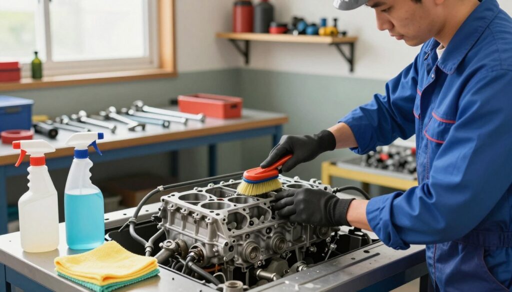 A detailed step-by-step illustration of cleaning an engine. In the foreground, a mechanic in a blue uniform and gloves carefully scrubs an engine block with a brush, surrounded by various cleaning supplies such as degreaser, microfiber cloths, and a spray bottle. The middle layer features tools like wrenches and screws neatly arranged on a workbench. In the background, a well-lit garage with shelves holding additional automotive tools and equipment, creating an organized and professional atmosphere. Soft, natural light filtering through a window casts subtle shadows, enhancing the three-dimensional effect. The image conveys a focused and methodical approach, emphasizing cleanliness and precision in automotive maintenance.