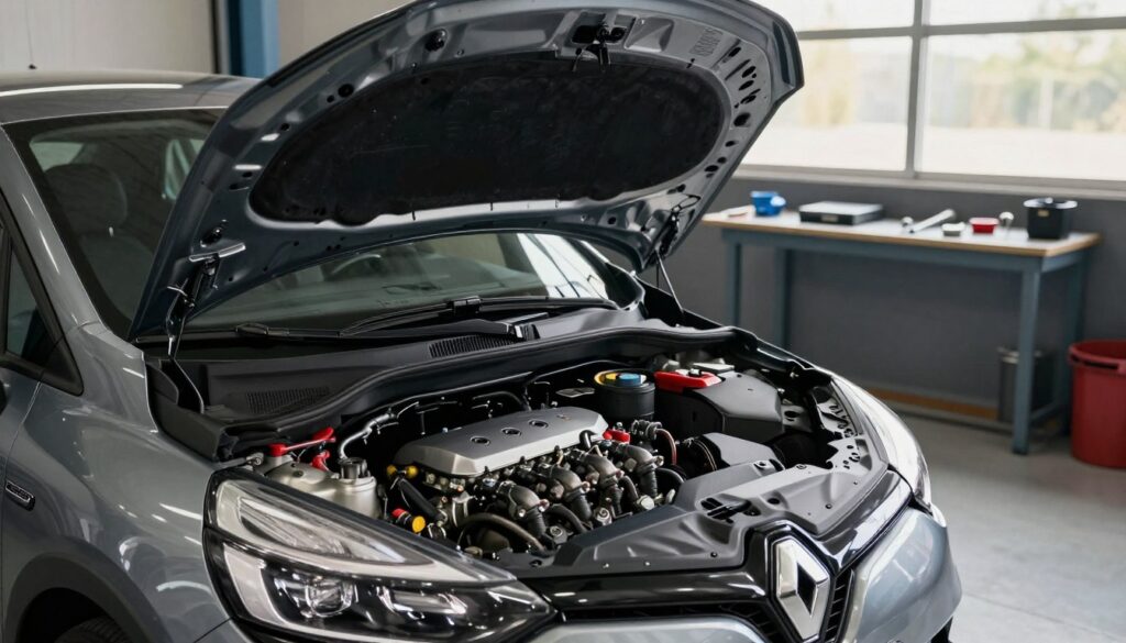 A dynamic scene featuring a Renault Clio IV, showcasing its gasoline engine in an engaging and informative manner. In the foreground, have the car with the hood popped open, revealing the intricately detailed engine components, highlighting the mechanical design and clarity of the parts. In the middle ground, include a sleek, modern garage or workshop environment with tools and equipment subtly arranged, emphasizing a professional automotive setting. The background should feature soft, natural lighting filtering through a window, casting gentle shadows that create an inviting atmosphere. Use a slightly angled perspective to capture both the car and the surrounding details effectively. The mood should convey a sense of reliability and efficiency, reflecting the key attributes of the gasoline engine in the Renault Clio IV.