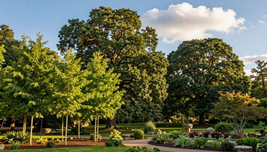 A lush, expansive garden showcasing a variety of large, fast-growing trees. In the foreground, vibrant green saplings of poplar and willow trees, with slender trunks and dense foliage, stand out, creating a welcoming entrance. The middle ground features mature oak and maple trees, their broad canopies casting dappled shadows on the ground. In the background, a clear blue sky enhances the scene, with fluffy white clouds drifting lazily. The lighting is warm and inviting, suggesting a late afternoon sun, illuminating the leaves and creating a serene and peaceful atmosphere. The overall mood is tranquil, reflecting the beauty and potential of a well-planned garden space. A lush, expansive garden showcasing a variety of large, fast-growing trees. In the foreground, vibrant green saplings of poplar and willow trees, with slender trunks and dense foliage, stand out, creating a welcoming entrance. The middle ground features mature oak and maple trees, their broad canopies casting dappled shadows on the ground. In the background, a clear blue sky enhances the scene, with fluffy white clouds drifting lazily. The lighting is warm and inviting, suggesting a late afternoon sun, illuminating the leaves and creating a serene and peaceful atmosphere. The overall mood is tranquil, reflecting the beauty and potential of a well-planned garden space.