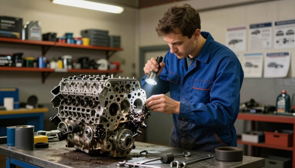 A mechanic in a well-lit auto repair shop is examining a disassembled engine on a workbench. The foreground features tools like wrenches and oil cans, with a focus on the intricate details of the engine components, showcasing signs of wear and tear. In the middle ground, the mechanic, dressed in professional blue coveralls, is using a flashlight to inspect the engine's inner workings, highlighting a serious issue with signs of metal shavings. The background includes shelves lined with car parts and manuals, adding an authentic workshop atmosphere. Soft, warm lighting from overhead fluorescents casts a practical glow, emphasizing the meticulous nature of the repair task. The mood is focused and serious, emphasizing the importance of diagnosing and repairing a seized engine.