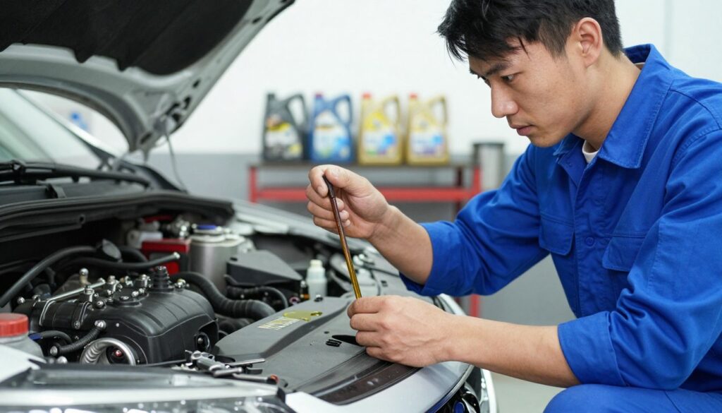 A mechanic inspecting the oil level in a car engine, kneeling beside a raised vehicle in a professional garage setting. In the foreground, a close-up of the mechanic's hands holding a dipstick, glistening with fresh oil, with a look of concentration on their face, dressed in a neat blue shirt and trousers. In the middle ground, the car's engine is open, revealing intricate parts, with tools arranged neatly on a workbench nearby. The background shows shelves with oil containers and workshop equipment under bright, fluorescent lighting, creating a clean and organized atmosphere. The angle is slightly low, emphasizing the mechanic's diligent work, evoking a sense of professionalism and care in vehicle maintenance.