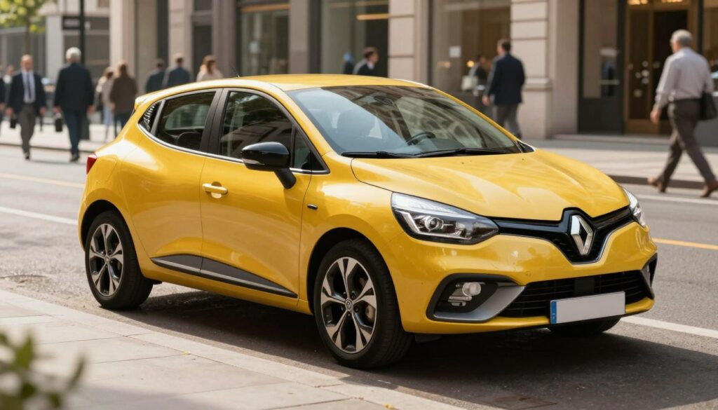 A modern Renault Clio 4 parked in an urban setting, showcasing its sleek lines and compact design ideal for city driving. In the foreground, the vibrant color of the car shines under bright daylight, highlighting its smooth curves and contemporary features. The background features a bustling city street with pedestrians dressed in smart business attire, reflecting the daily hustle of city life. Soft natural lighting illuminates the scene, creating a warm and inviting atmosphere. The angle captures the car from a slightly low perspective, giving it an imposing presence. The scene emphasizes the reliability and efficiency of gasoline engines for everyday use, inviting viewers to envision their daily commute in this stylish vehicle.