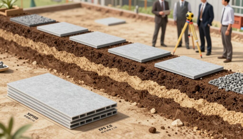 A professional illustration depicting the selection of XPS plates for different soil types and load conditions. In the foreground, a detailed diagram of XPS plates labeled with technical specifications, such as thermal resistance and load-bearing capacity. The middle ground features a layered soil profile, showcasing various soil types like clay, sand, and gravel, with corresponding XPS plates positioned above them. In the background, a construction site with workers wearing professional business attire, examining the ground with surveying equipment. Soft, natural lighting highlights the elements, creating a well-organized and informative atmosphere. The angle is slightly above eye level, providing a comprehensive perspective of the XPS application in foundation work. A professional illustration depicting the selection of XPS plates for different soil types and load conditions. In the foreground, a detailed diagram of XPS plates labeled with technical specifications, such as thermal resistance and load-bearing capacity. The middle ground features a layered soil profile, showcasing various soil types like clay, sand, and gravel, with corresponding XPS plates positioned above them. In the background, a construction site with workers wearing professional business attire, examining the ground with surveying equipment. Soft, natural lighting highlights the elements, creating a well-organized and informative atmosphere. The angle is slightly above eye level, providing a comprehensive perspective of the XPS application in foundation work.