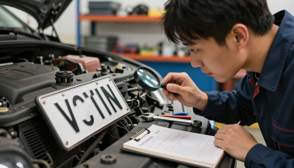 A professional mechanic in a well-lit garage environment inspecting a vehicle's VIN plate located on the dashboard, using a magnifying glass to examine the details closely. In the foreground, showcase the VIN plate details, emphasizing clarity and texture. In the middle ground, include tools such as a wrench and a notepad with notes, hinting at the engine code information being recorded. The background features car parts and shelves lined with tools, conveying a busy, professional atmosphere. Soft, warm lighting enhances the focused work scene, while a slight depth of field creates a pronounced separation from the background, ensuring the attention remains on the mechanic and the VIN inspection process.