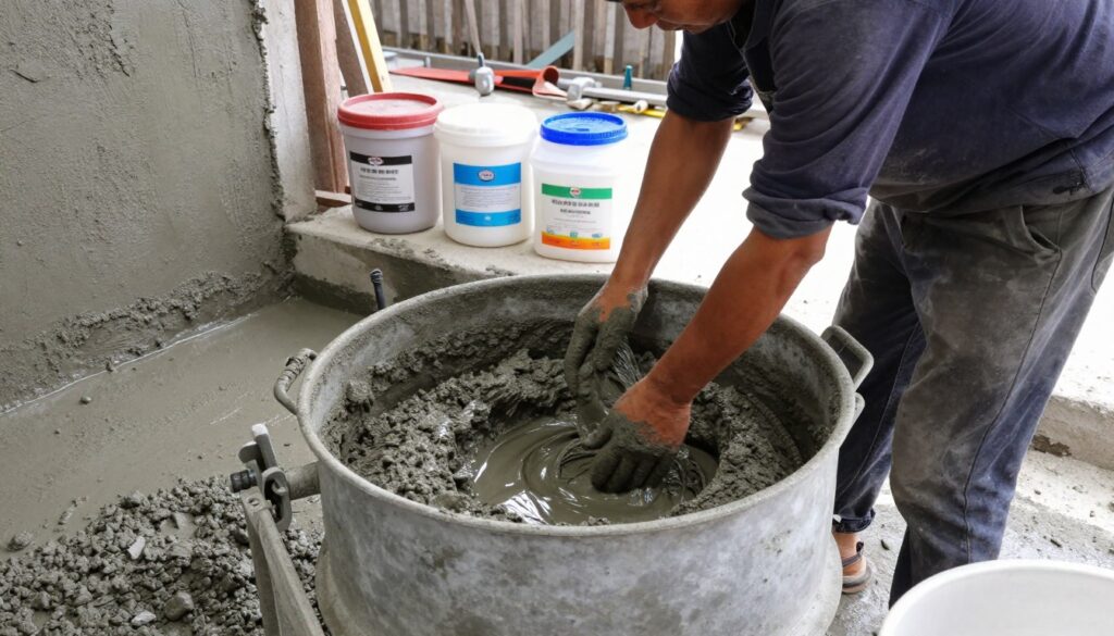 A professional setting showcasing the preparation of waterproof concrete. In the foreground, a construction worker in modest casual clothing vigorously mixes a gray concrete blend in a large industrial mixer, with visible ingredients like cement, water, and additives. The middle ground features various containers with chemical additives used to enhance water resistance, emphasized by labels. The background includes construction tools and a partially constructed wall, hinting at a tangible project. The atmosphere is industrious and focused, illuminated by bright overhead lights, casting clear shadows to highlight details. The angle is slightly tilted to convey depth, allowing viewers to immerse themselves in the process. A professional setting showcasing the preparation of waterproof concrete. In the foreground, a construction worker in modest casual clothing vigorously mixes a gray concrete blend in a large industrial mixer, with visible ingredients like cement, water, and additives. The middle ground features various containers with chemical additives used to enhance water resistance, emphasized by labels. The background includes construction tools and a partially constructed wall, hinting at a tangible project. The atmosphere is industrious and focused, illuminated by bright overhead lights, casting clear shadows to highlight details. The angle is slightly tilted to convey depth, allowing viewers to immerse themselves in the process.