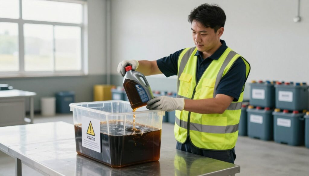 A professional waste reception area at a municipal waste facility, known as PSZOK, focusing on the collection of used engine oil. In the foreground, a transparent container filled with dark, recycled motor oil sits on a metallic countertop, with a safety sign indicating proper handling. In the middle ground, a uniformed facility worker, dressed in a clean, bright safety vest and gloves, demonstrates the process of accepting the oil from a citizen. The background features a well-organized storage area with containers labeled for different types of waste, illuminated by soft, natural light from large windows, giving a clean and efficient atmosphere. The image captures a sense of responsibility and environmental care, emphasizing safe disposal practices.