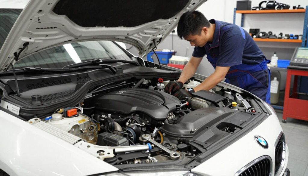A realistic depiction of a BMW F10 parked in an auto repair shop, showcasing the engine bay open and detailed close-up views of common engine issues such as oil leaks and worn parts. In the foreground, tools like wrenches and diagnostic equipment lay scattered, emphasizing repair work. The middle ground features a mechanic in professional overalls examining the engine, focusing on a specific component, illustrating the complexity of repairs. The background has shelves filled with car parts and a bright, well-lit atmosphere to convey a busy workshop environment. Utilize natural and artificial lighting for clarity, and angle the image slightly from below to capture the vehicle’s details effectively. The mood should be informative yet engaging, reflecting the technical challenges faced by BMW F10 owners.