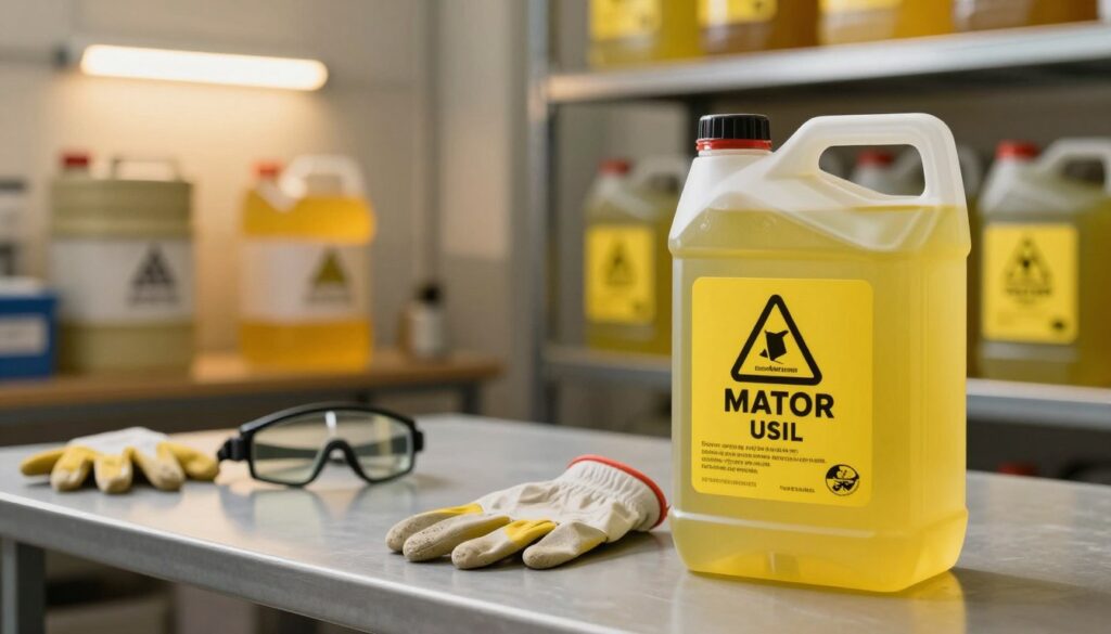 A secure environment for transporting used motor oil, showcasing clearly labeled drums filled with bright yellow oil to signify caution. In the foreground, a sturdy, spill-proof container with a secure lid sits on a clean, industrial-grade surface. The middle ground features a professional, neatly organized workspace with safety gear like gloves and goggles strategically placed. In the background, a well-lit storage area with shelves displaying additional containers for oil disposal. The lighting is warm and inviting, highlighting the importance of safety in the oil transportation process. A slight depth of field focuses on the foreground items, conveying a sense of responsibility and care in handling hazardous materials. The atmosphere is calm but alert, emphasizing the need for proper procedures.