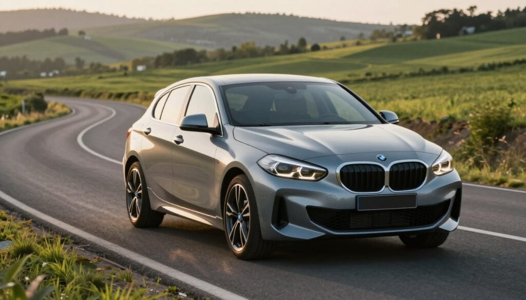A sleek BMW Series 1 sits prominently in the foreground, showcasing its modern design and elegant lines. Choose a dynamic angle that highlights the angular front headlights and flowing profile, with the left side of the car illuminated by soft, natural sunlight, creating a glossy finish on the paint. In the middle ground, a winding country road curves through a lush green landscape, emphasizing the car's performance capabilities. The background features distant hills, creating a serene atmosphere for a driving experience. The lighting is warm, suggesting early morning or late afternoon, while the mood is inviting and sophisticated. The image focuses solely on the vehicle, without any text or additional distractions, capturing the essence of the BMW Series 1 and sparking curiosity about the diesel versus gasoline discussion.