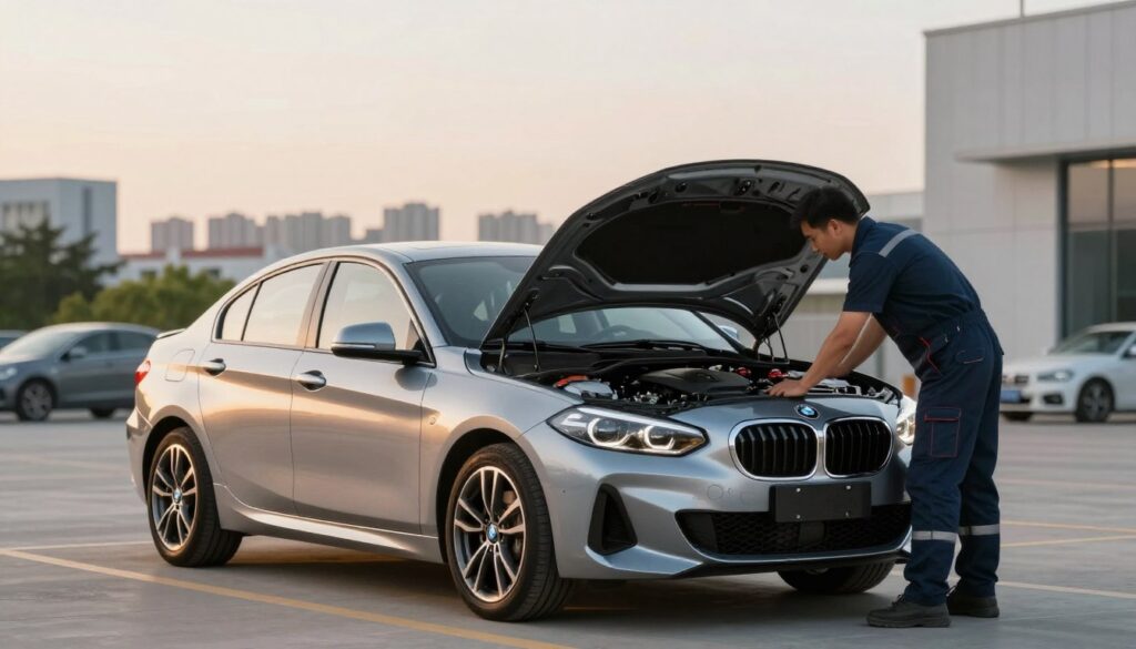 A sleek and powerful BMW 1 Series parked elegantly against a minimalist urban backdrop during golden hour. The car's polished exterior showcases its prominent design lines and iconic kidney grille, reflecting soft sunlight. In the foreground, a mechanic in professional attire examines the engine hood, symbolizing durability and reliability. The middle ground includes subtle hints of city life, such as blurred car silhouettes and greenery, while the background features a modern skyline, suggesting sophistication and innovation. The lighting is warm and inviting, emphasizing the car's features, with a shallow depth of field to keep the focus on the BMW and the mechanic. The overall atmosphere is one of professionalism and automotive excellence.