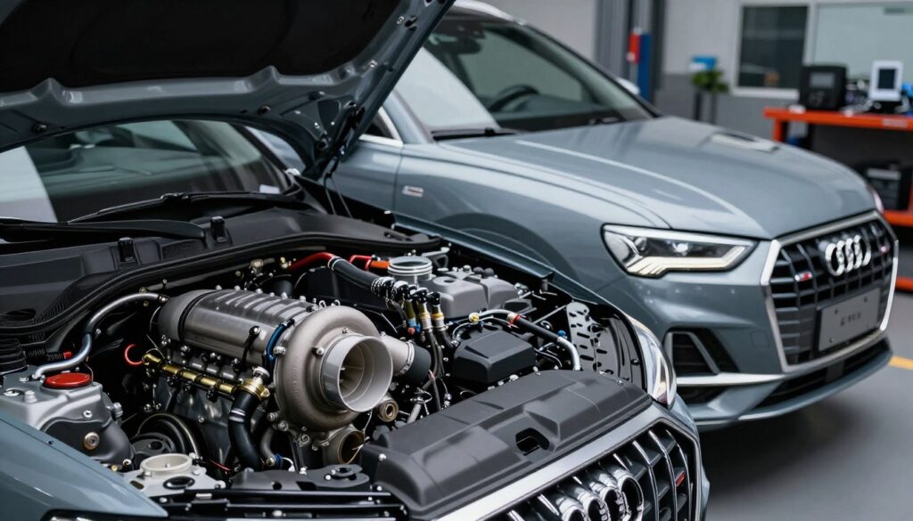 A sleek and powerful TFSI gasoline engine displayed prominently in the foreground, showcasing its intricate components such as the turbocharger, fuel injectors, and engine block. The middle ground features a stylish Audi Q3, highlighting the engine's integration into the vehicle, with a focus on its sporty design and dynamic lines. The background showcases a subtle automotive workshop environment with soft, ambient lighting illuminating the scene, casting gentle highlights on the engine’s polished surfaces. The perspective should be slightly low angled, giving the impression of power and performance. The mood should evoke a sense of engineering excellence, precision, and innovation, appealing to car enthusiasts and potential buyers. A sleek and powerful TFSI gasoline engine displayed prominently in the foreground, showcasing its intricate components such as the turbocharger, fuel injectors, and engine block. The middle ground features a stylish Audi Q3, highlighting the engine's integration into the vehicle, with a focus on its sporty design and dynamic lines. The background showcases a subtle automotive workshop environment with soft, ambient lighting illuminating the scene, casting gentle highlights on the engine’s polished surfaces. The perspective should be slightly low angled, giving the impression of power and performance. The mood should evoke a sense of engineering excellence, precision, and innovation, appealing to car enthusiasts and potential buyers.
