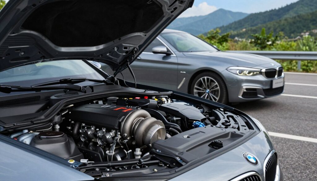 A sleek, polished BMW F10 diesel vehicle, showcasing its robust design with an emphasis on the engine bay, which prominently features the durable diesel engine components. The foreground highlights the engine in detail, emphasizing its technical intricacies like the turbocharger and intercooler, glistening in the soft, natural lighting. In the middle, the car's exterior design is showcased, with sharp lines and a modern silhouette, parked on a well-maintained road surrounded by a scenic landscape of lush greenery. The background features a softly blurred view of mountains under a clear blue sky, enhancing the sense of adventure. The overall atmosphere is professional and automotive-centric, celebrating durability and reliability without any distractions.