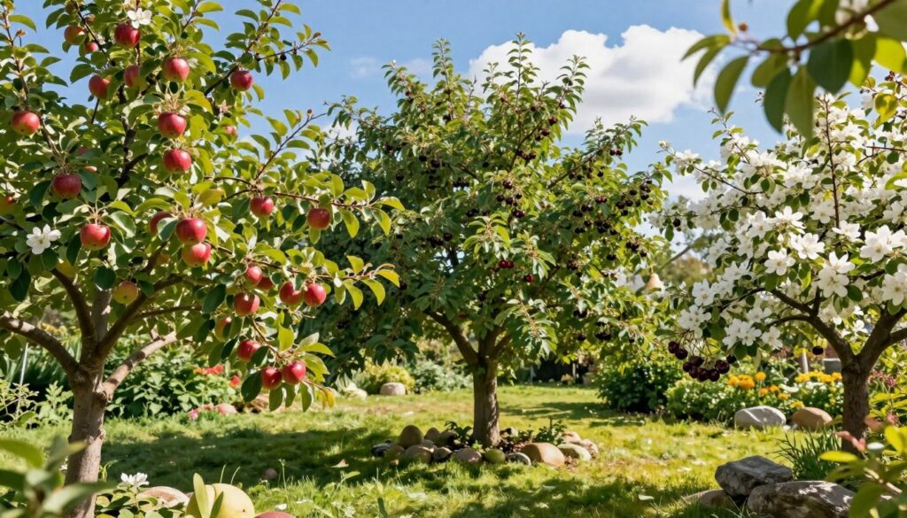 A tranquil garden scene showcasing easy-care fruit trees, including apple, pear, and cherry varieties, with lush green foliage and a few colorful blossoms. In the foreground, a vibrant apple tree with ripe red apples contrasts with the delicate white flowers of a pear tree. The middle ground features a sturdy cherry tree, its branches heavy with dark cherries, surrounded by soft grass and garden stones. In the background, a bright blue sky with a few fluffy white clouds enhances the fresh atmosphere, while warm sunlight filters through the leaves, creating dappled shadows on the ground. The mood is serene and inviting, capturing the essence of a low-maintenance fruit garden, perfect for home gardeners. A tranquil garden scene showcasing easy-care fruit trees, including apple, pear, and cherry varieties, with lush green foliage and a few colorful blossoms. In the foreground, a vibrant apple tree with ripe red apples contrasts with the delicate white flowers of a pear tree. The middle ground features a sturdy cherry tree, its branches heavy with dark cherries, surrounded by soft grass and garden stones. In the background, a bright blue sky with a few fluffy white clouds enhances the fresh atmosphere, while warm sunlight filters through the leaves, creating dappled shadows on the ground. The mood is serene and inviting, capturing the essence of a low-maintenance fruit garden, perfect for home gardeners.