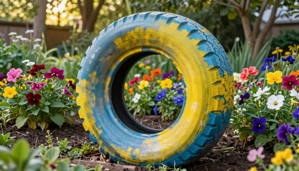 A vibrant garden scene featuring a freshly painted tire, emphasizing a long-lasting and weather-resistant finish. In the foreground, the tire is artfully painted in a bold, beautiful color, showcasing its glossy texture without any fading or peeling. The middle ground includes a variety of colorful flowers and greenery, creating a lively atmosphere. In the background, gentle sunlight filters through the leaves of trees, casting dappled light on the scene, enhancing the vividness of the tire's color. The perspective is slightly elevated, capturing the tire’s detailing and the surrounding garden in full bloom, evoking a sense of creativity and sustainability. The mood is cheerful and inviting, emphasizing the joy of gardening and DIY projects. A vibrant garden scene featuring a freshly painted tire, emphasizing a long-lasting and weather-resistant finish. In the foreground, the tire is artfully painted in a bold, beautiful color, showcasing its glossy texture without any fading or peeling. The middle ground includes a variety of colorful flowers and greenery, creating a lively atmosphere. In the background, gentle sunlight filters through the leaves of trees, casting dappled light on the scene, enhancing the vividness of the tire's color. The perspective is slightly elevated, capturing the tire’s detailing and the surrounding garden in full bloom, evoking a sense of creativity and sustainability. The mood is cheerful and inviting, emphasizing the joy of gardening and DIY projects.