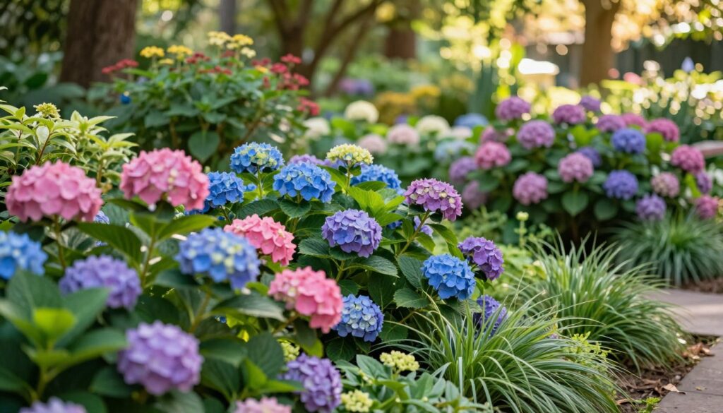 A vibrant garden scene featuring an array of ornamental shrubs that bloom continuously through the seasons. In the foreground, showcase lush, colorful flowering shrubs, such as hydrangeas and butterfly bushes, with large, vivid blossoms in shades of pink, blue, and purple. The middle ground includes a mix of green foliage, providing a rich backdrop to the flowers, while adding ornamental grasses and low-growing plants for depth. In the background, a soft blur of a serene garden landscape with dappled sunlight filtering through trees, creating a warm, inviting atmosphere. The scene should be captured with a shallow depth of field, using soft natural lighting to enhance the colors and textures of the flowers, evoking a peaceful and enchanting mood. A vibrant garden scene featuring an array of ornamental shrubs that bloom continuously through the seasons. In the foreground, showcase lush, colorful flowering shrubs, such as hydrangeas and butterfly bushes, with large, vivid blossoms in shades of pink, blue, and purple. The middle ground includes a mix of green foliage, providing a rich backdrop to the flowers, while adding ornamental grasses and low-growing plants for depth. In the background, a soft blur of a serene garden landscape with dappled sunlight filtering through trees, creating a warm, inviting atmosphere. The scene should be captured with a shallow depth of field, using soft natural lighting to enhance the colors and textures of the flowers, evoking a peaceful and enchanting mood.