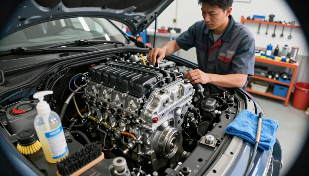A well-maintained engine under soft, natural lighting, showcasing the details of both a gasoline and a diesel engine in a garage setting. In the foreground, glistening metal components with traces of cleaning products and tools—like brushes and microfiber cloths—accurately represent post-cleaning care. The middle ground features a mechanic in professional work attire, carefully inspecting the engine, embodying a focus on diligence and expertise. The background displays various automotive tools neatly organized on shelves, with a hint of workshop ambiance through blurred shelves and engine parts. The overall atmosphere is clean and professional, conveying a sense of satisfaction and precision in automotive maintenance. Use a slight fisheye lens effect for depth, providing a dynamic view.