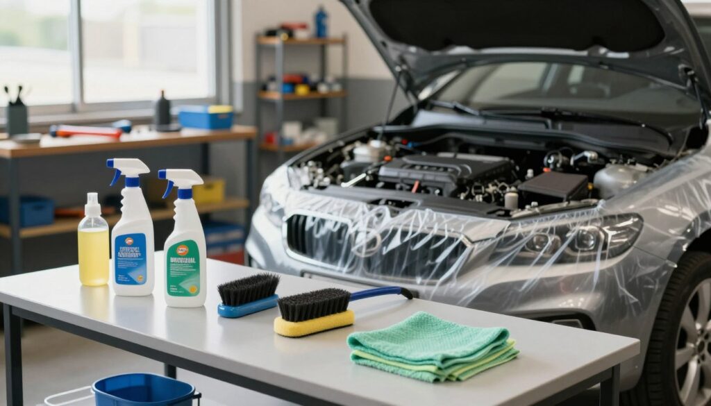 A well-organized garage scene set up for safely cleaning a car engine. In the foreground, a clean, tidy workbench holds various cleaning supplies such as biodegradable degreasers, brushes, and rags. A partially disassembled car sits in the middle, revealing its engine, with protective plastic sheets laid out to catch any drips. The background features shelves stocked with tools and equipment, bathed in soft, natural light coming from a large window. An ambient, focused atmosphere indicates careful preparation, ensuring a clean and safe workspace. The angle captures both the engine and the organized tools, creating a professional and inviting environment for automotive maintenance. A well-organized garage scene set up for safely cleaning a car engine. In the foreground, a clean, tidy workbench holds various cleaning supplies such as biodegradable degreasers, brushes, and rags. A partially disassembled car sits in the middle, revealing its engine, with protective plastic sheets laid out to catch any drips. The background features shelves stocked with tools and equipment, bathed in soft, natural light coming from a large window. An ambient, focused atmosphere indicates careful preparation, ensuring a clean and safe workspace. The angle captures both the engine and the organized tools, creating a professional and inviting environment for automotive maintenance.