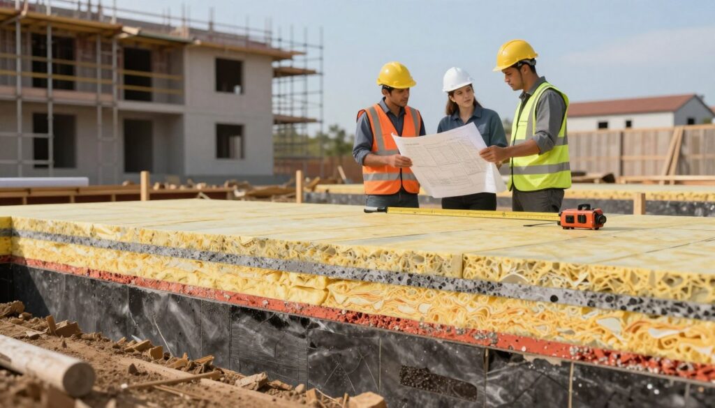 An architectural illustration showcasing the thermal insulation thickness of building foundations. In the foreground, a cross-section view reveals a foundation with layered insulation material highlighted in various colors and textures to differentiate types. The middle ground features construction workers in professional attire discussing insulation placement, using blueprints and measuring equipment. The background includes a residential building under construction with scaffolding and clear blue sky. Soft lighting emphasizes details of the insulation layers, creating a warm, inviting atmosphere. The angle should be slightly elevated, providing a comprehensive view of the foundation work. The overall mood is focused, professional, and educational, reflecting the importance of proper thermal insulation choices. An architectural illustration showcasing the thermal insulation thickness of building foundations. In the foreground, a cross-section view reveals a foundation with layered insulation material highlighted in various colors and textures to differentiate types. The middle ground features construction workers in professional attire discussing insulation placement, using blueprints and measuring equipment. The background includes a residential building under construction with scaffolding and clear blue sky. Soft lighting emphasizes details of the insulation layers, creating a warm, inviting atmosphere. The angle should be slightly elevated, providing a comprehensive view of the foundation work. The overall mood is focused, professional, and educational, reflecting the importance of proper thermal insulation choices.