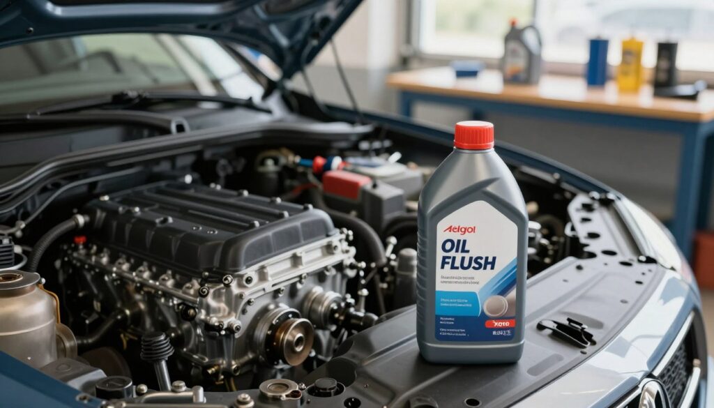 An engine oil flush product, prominently displayed in the foreground, with the label clearly visible. In the middle ground, an engine bay with a partially disassembled engine, showing the oil pan and various components, illustrating the context of an oil change. The background features a clean, well-lit garage workbench with tools and oil filters neatly arranged. Soft, natural light streams in from an open garage door, creating an inviting and professional atmosphere. The scene should convey a sense of preparation and maintenance, emphasizing the importance of engine care before an oil change. The perspective should be slightly from above, capturing both the product and the engine, ensuring clarity and focus on the flushing process. An engine oil flush product, prominently displayed in the foreground, with the label clearly visible. In the middle ground, an engine bay with a partially disassembled engine, showing the oil pan and various components, illustrating the context of an oil change. The background features a clean, well-lit garage workbench with tools and oil filters neatly arranged. Soft, natural light streams in from an open garage door, creating an inviting and professional atmosphere. The scene should convey a sense of preparation and maintenance, emphasizing the importance of engine care before an oil change. The perspective should be slightly from above, capturing both the product and the engine, ensuring clarity and focus on the flushing process.