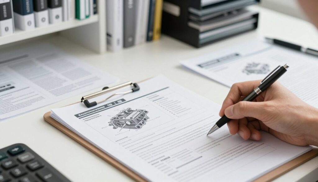 An organized office desk with a clipboard showcasing vehicle documentation, prominently displaying an engine code section. In the foreground, a hand holding a pen is poised to underline important information on the document. In the middle, the clipboard and documents are neatly arranged, with detailed diagrams of an engine and identification marks. In the background, soft-focus shelves filled with automotive manuals and guides create a professional atmosphere. The lighting is bright and even, suggesting a productive workspace, with a slightly blurred depth of field to draw focus to the documents. The mood is informative and focused, ideal for illustrating the process of checking engine identification in official documents.