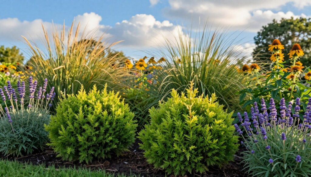 Frost-resistant and drought-tolerant shrubs in a lush garden setting. In the foreground, display vibrant green shrubs like juniper and boxwood, showcasing their resilience, with contrasting flowers, such as lavender and echinacea, blooming around them. The middle ground features a variety of ornamental grasses providing texture and movement, while the background showcases a bright blue sky with soft, fluffy white clouds. Golden sunlight bathes the scene, highlighting the rich colors and details of the plants. The image should evoke a serene and inviting atmosphere, emphasizing ease of maintenance and natural beauty in garden design, focusing on the health and vibrancy of the plants in a peaceful environment. Frost-resistant and drought-tolerant shrubs in a lush garden setting. In the foreground, display vibrant green shrubs like juniper and boxwood, showcasing their resilience, with contrasting flowers, such as lavender and echinacea, blooming around them. The middle ground features a variety of ornamental grasses providing texture and movement, while the background showcases a bright blue sky with soft, fluffy white clouds. Golden sunlight bathes the scene, highlighting the rich colors and details of the plants. The image should evoke a serene and inviting atmosphere, emphasizing ease of maintenance and natural beauty in garden design, focusing on the health and vibrancy of the plants in a peaceful environment.